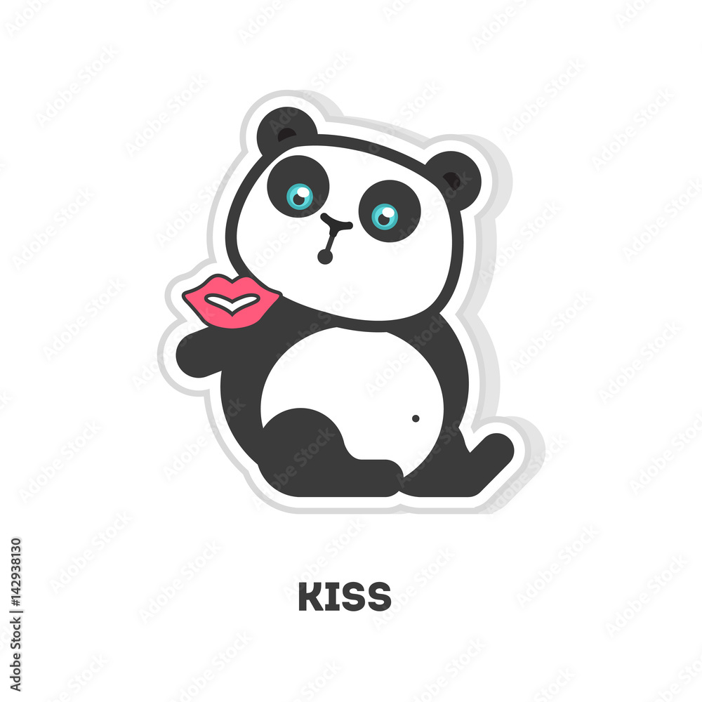 Isolated kissing panda on white background. Pink lips.