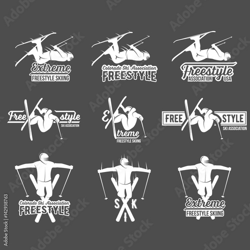 Set of vintage skiing labels and design elements