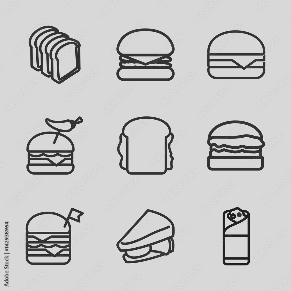 Set of 9 sandwich outline icons Set of 9 sandwich outline icons