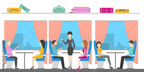 Traveling by train. People sit in the comfortable places. Railway tourism.