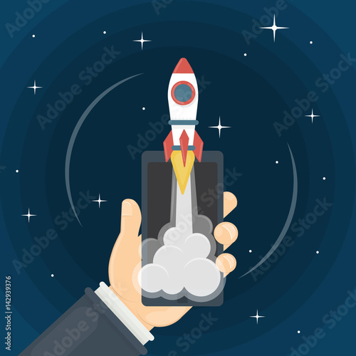 Rocket in smartphone. Hand holds phone with red rocket on the screen. Concept of launching.