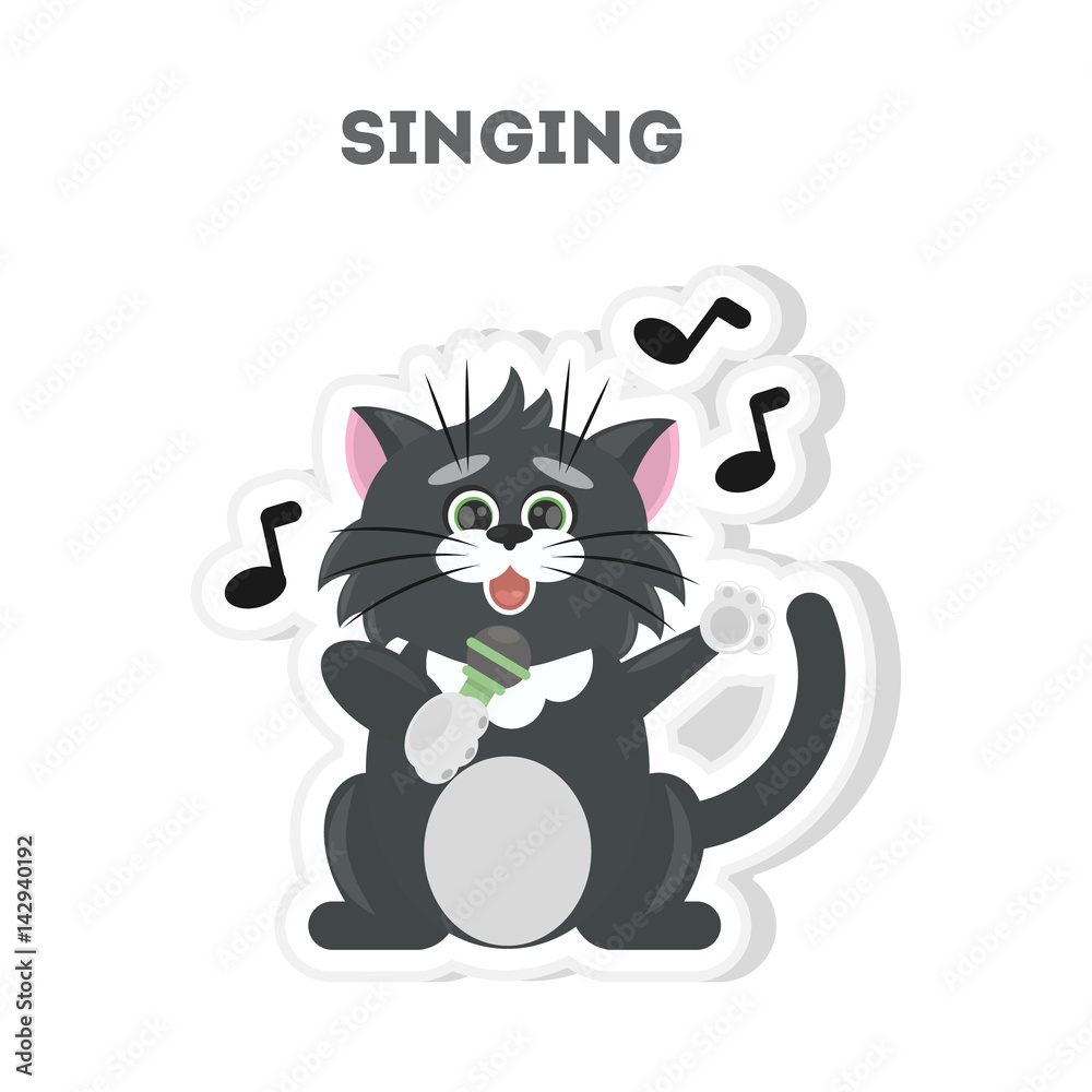 Isolated singing cat sticker on white background.