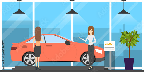 Automobile showroom interior. Car, salesman and visitor