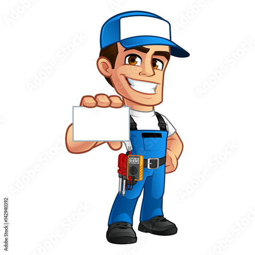 Electrician, he has a business card in his hand