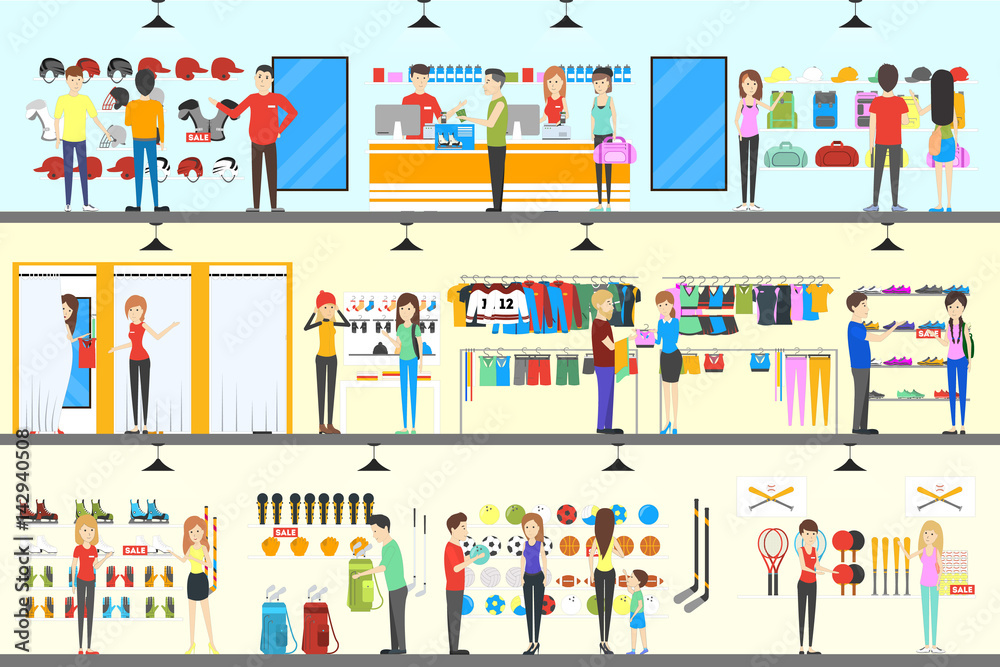Sport store interior. Salespeople with visitors. Buying sports clothes.