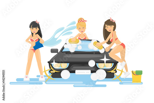 Girls wash the car. Sexy beautiful girls in bikini wash the car with soap and sponge.