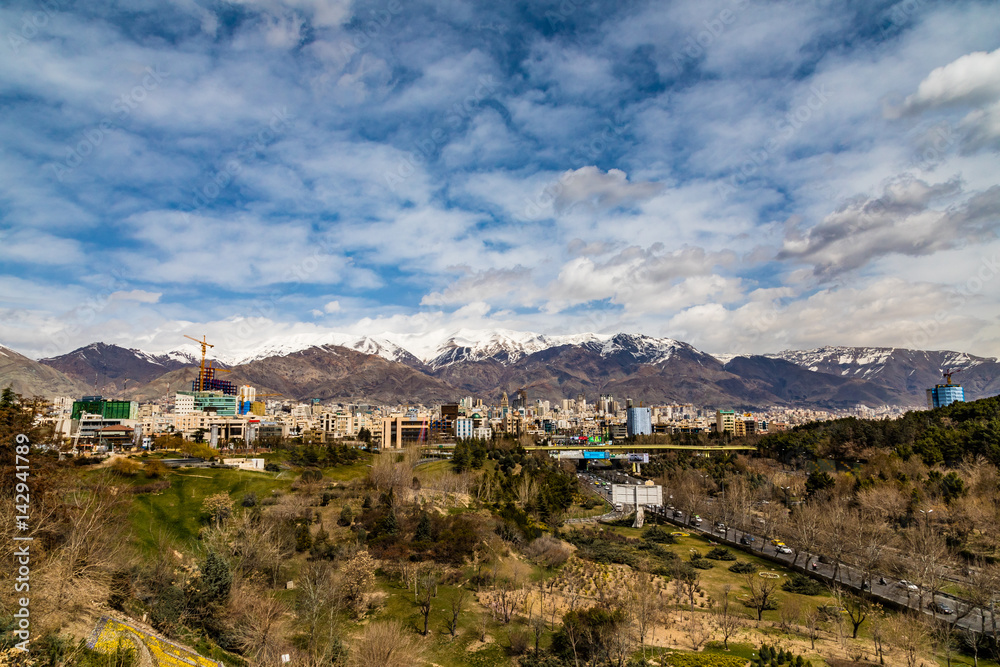 Tehran capital of Iran. View of mountains from Tabiyat bridge over the Modaress highway