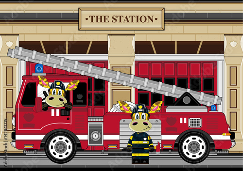 Cartoon Giraffe Firefighter - Firemen