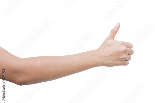 right back hand a woman show thumb up, good, like, comment sign. isolated on white background