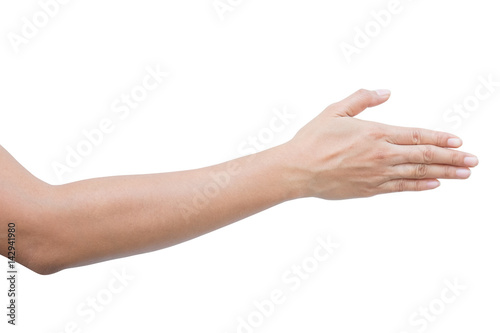 right back hand of a woman trying to reach or grab something. fling, touch sign. Reaching out to the left. isolated on white background