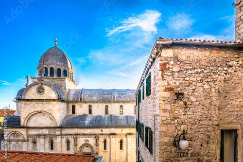Sibenik town architecture. / Picturesque view at stone architecture in city center of town Sibenik with cathedral in background, Croatia.