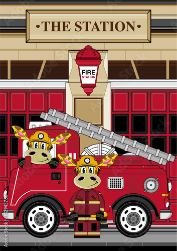 Cartoon Giraffe Firefighter - Firemen