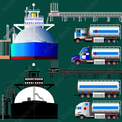 LNG terminal, tankers and trucks. Vector illustration
