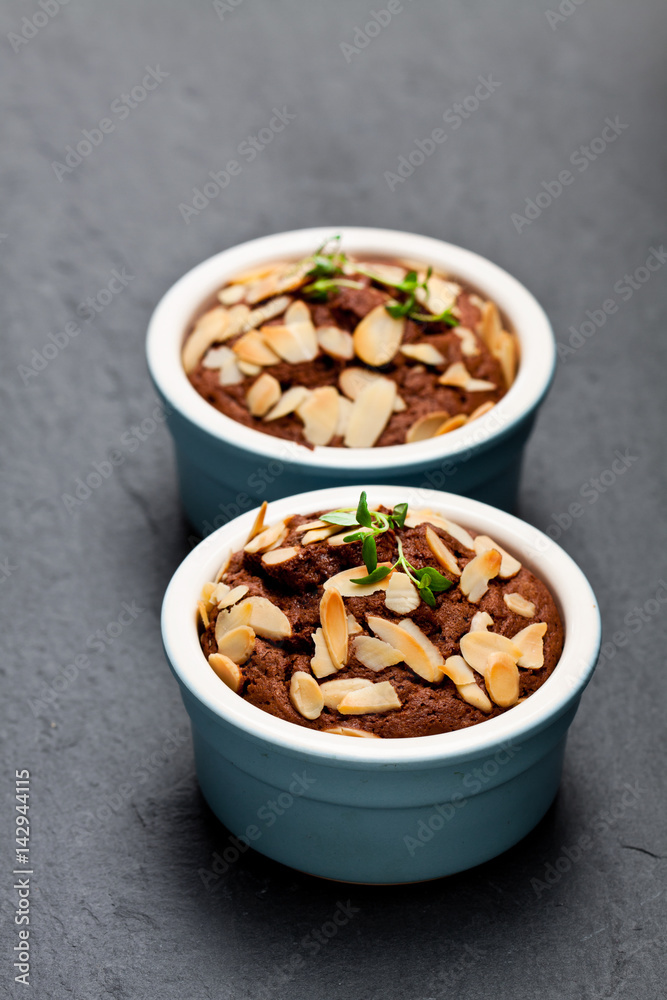 Delicious homemade chocolate muffin cake in small pot Delicious homemade chocolate muffin cake in small pot