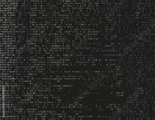 Corrupted source code. Modern vector illustration about computer security. Abstract ascii glitch background. Fatal programming error. Buffer overflow problem. Random signal error. Element of design.