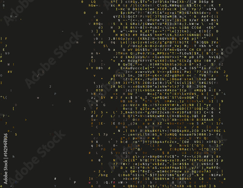 Corrupted source code. Modern vector illustration about computer security. Abstract ascii glitch background. Fatal programming error. Buffer overflow problem. Random signal error. Element of design.