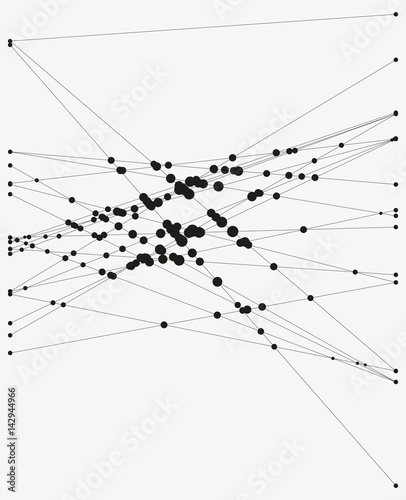 Group of intersecting lines with circles on crossings. Complex algorithmic composition. Geometric sketch. Modern abstract vector illustration. Contemporary decorative background. Element of design.