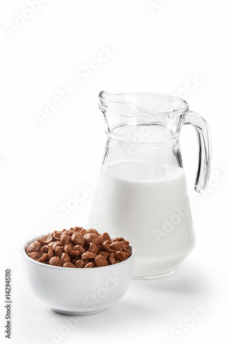 cereal and milk on white background.