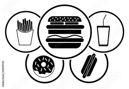 A group of simple fast food icons in a circle. Isolated on white. Advertising food court
