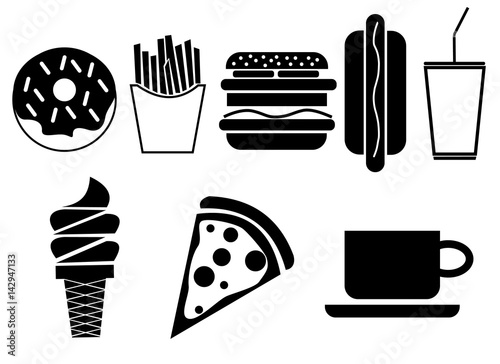 Collection of simple fast food icons. Isolated on white. Advertising food court