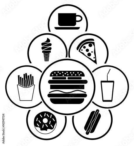 A group of simple fast food icons in a circle. Isolated on white. Advertising food court and delivery