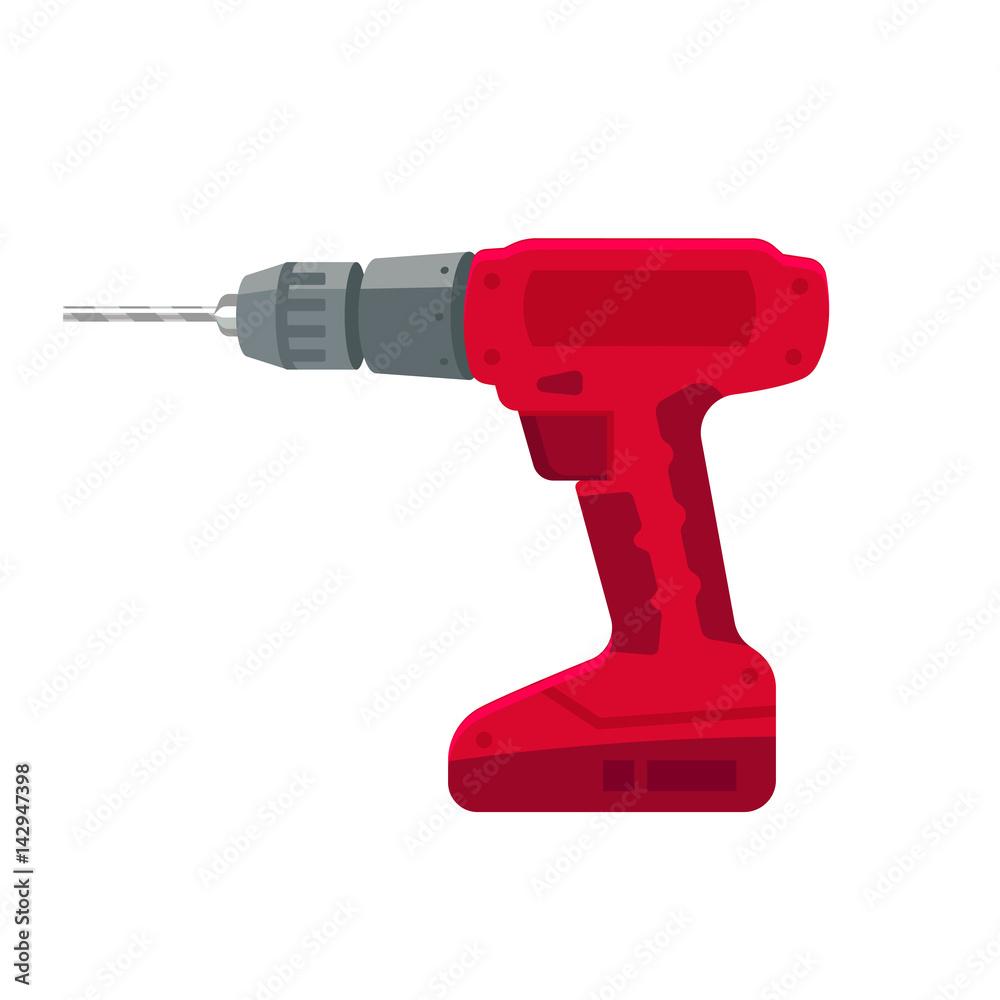 Electric drill stand-alone on the battery and bit repair elements, construction hand tool on a white background.