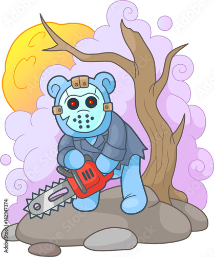 Cartoon teddy bear maniac with chainsaw
