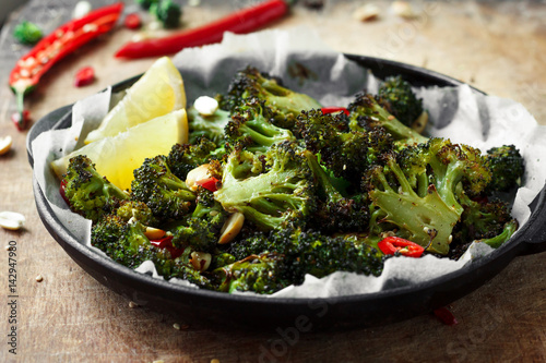 Roasted broccoli with peanuts and chili