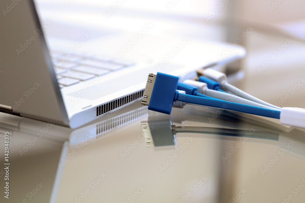 different cords and cables plugged into a modern laptop computer different cords and cables plugged into a modern laptop computer