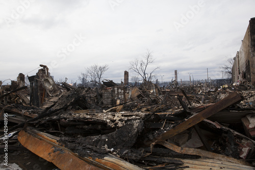 Homes sit smoldering after Hurricane Sandy on October 30; 2012 in the Far Rockaway area . Over 50 homes were reportedly destroyed in a fire during the storm on October 30; 2012 in New York City; NY