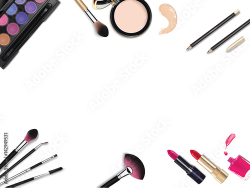 Top view of various make up accessories decorative cosmetics products. Workplace, cosmetics, lipstick, nail polish, mascara, face powder and eyeshadow on white background.