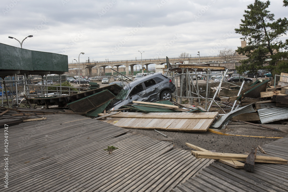 NEW YORK - November 1: Large section of the iconic boardwalk was washed away during Hurricane Sandy in Far Rockaway area October 29, 2012 in New York City, NY