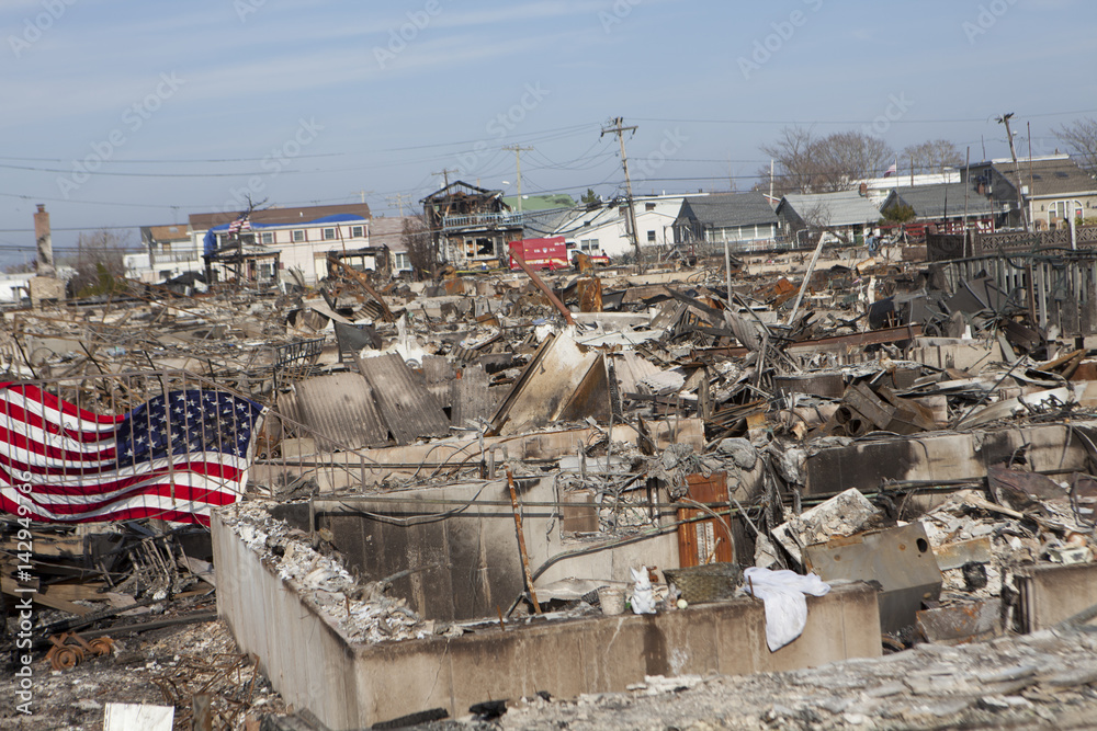 NEW YORK -November12: Destroyed homes during Hurricane Sandy in the flooded neighborhood at Breezy Point in Far Rockaway area on November12, 2012 in New York City, NY