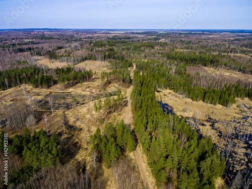 drone image. aerial view of rural area with forest lake