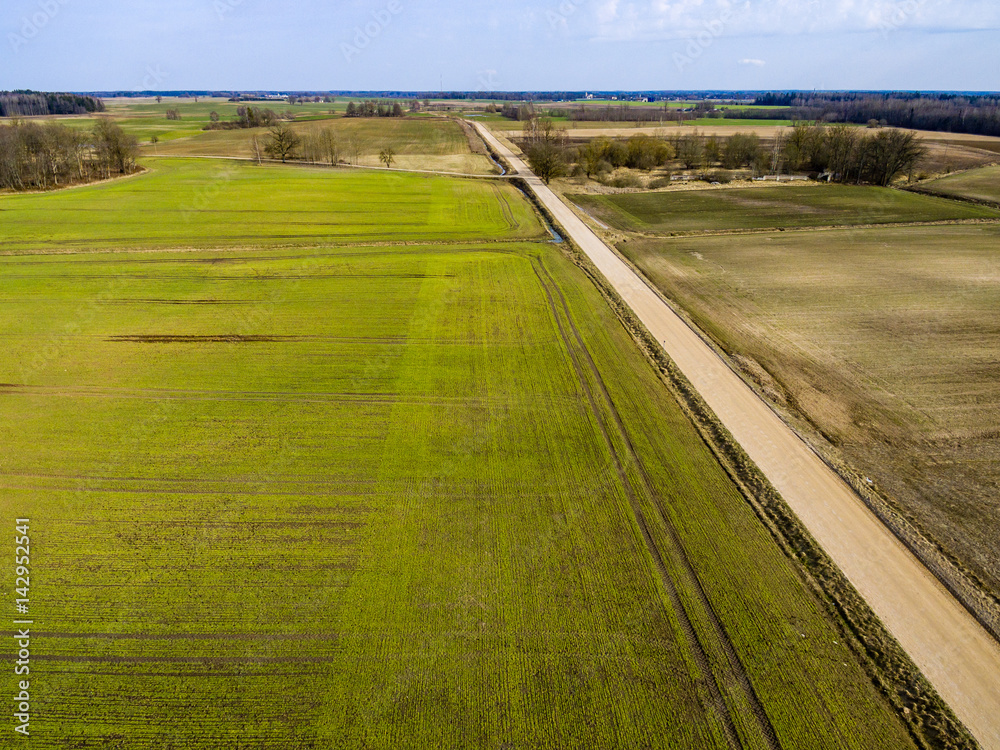 drone image. aerial view of rural area with freshly green fields