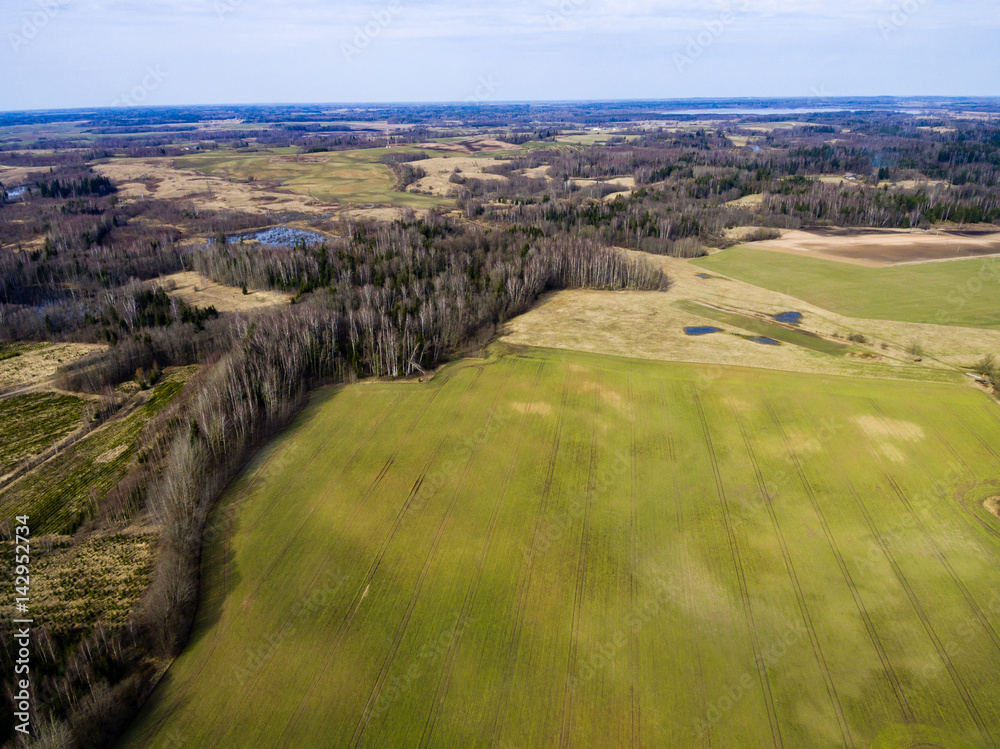 Naklejka premium drone image. aerial view of rural area with freshly green fields