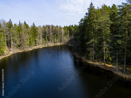 drone image. aerial view of rural area with forest lake
