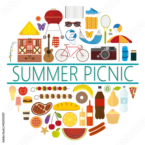 Emblem of a summer picnic with icons of various objects and food