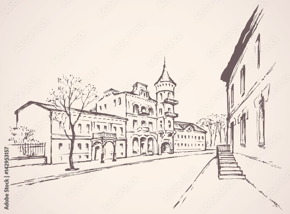Street of old town. Vector drawing