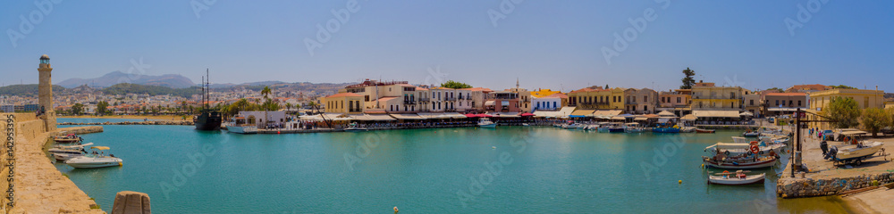 Rethymno, Greece - July  30, 2016: Venetian harbour, wide panorama.