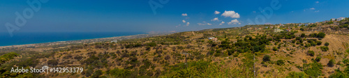 Agia Irini, Greece. July 27. 2016: Panoramic view to mountains from Agia Irini Monastery, wide panorama.