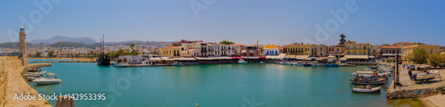 Rethymno, Greece - July 30, 2016: Venetian harbour, wide panorama.