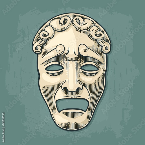Tragedy theater mask . Vector engraving vintage black illustration
