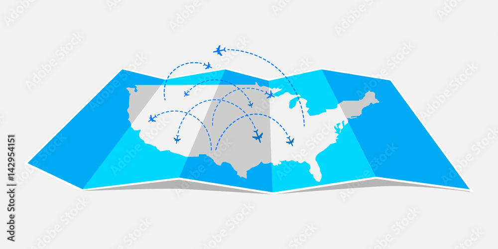Fototapeta premium Folded map United States of America with airplanes. Vector illustration.