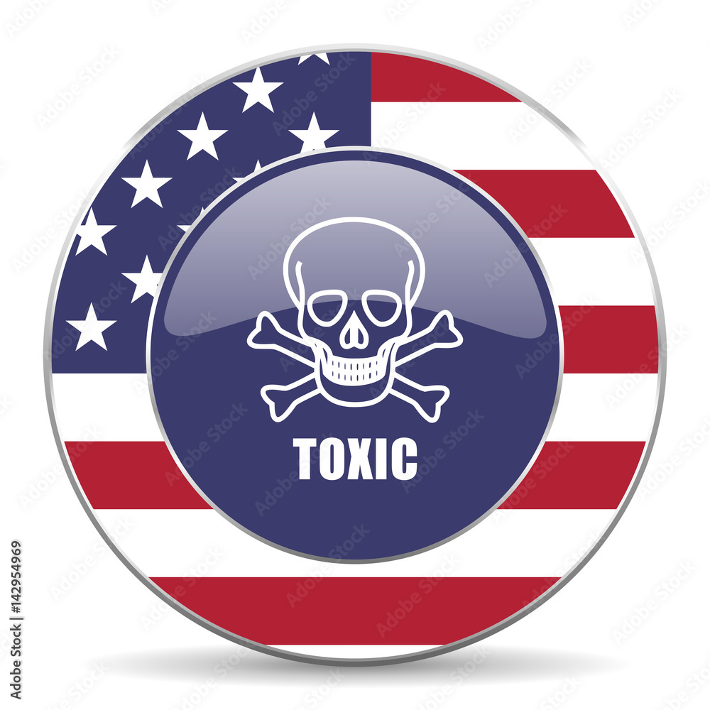 Toxic skull usa design web american round internet icon with shadow on white background.