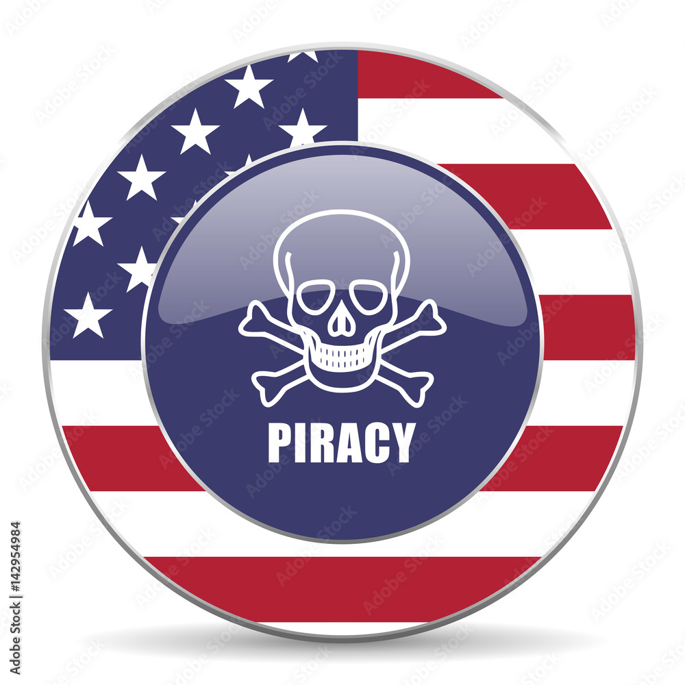 Piracy skull usa design web american round internet icon with shadow on white background.