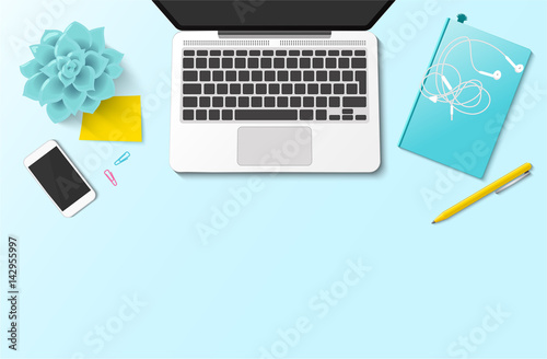 Pastel workplace mock-up with realistic laptop, mobile phone, succulent and office supplies. Creative scene with free space for text. Flat lay, top view. Blog header. Home office, freelance concept.