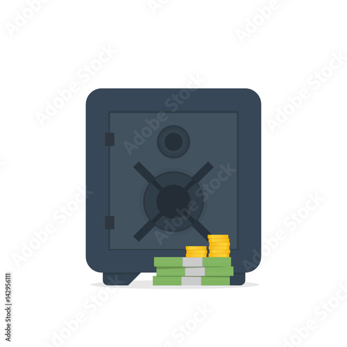 Bank safe and money. Closed safe isolated on a white background. Vector flat illustration.