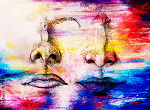 artistic sketch of face parts, nose and mouth, on colorful structured abstract background.