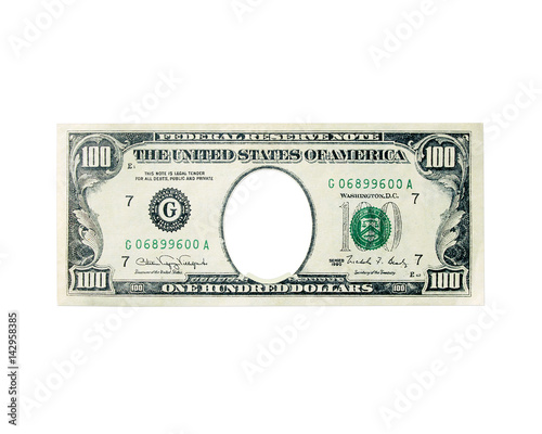 Photos one hundred dollar note with hole instead president isolated